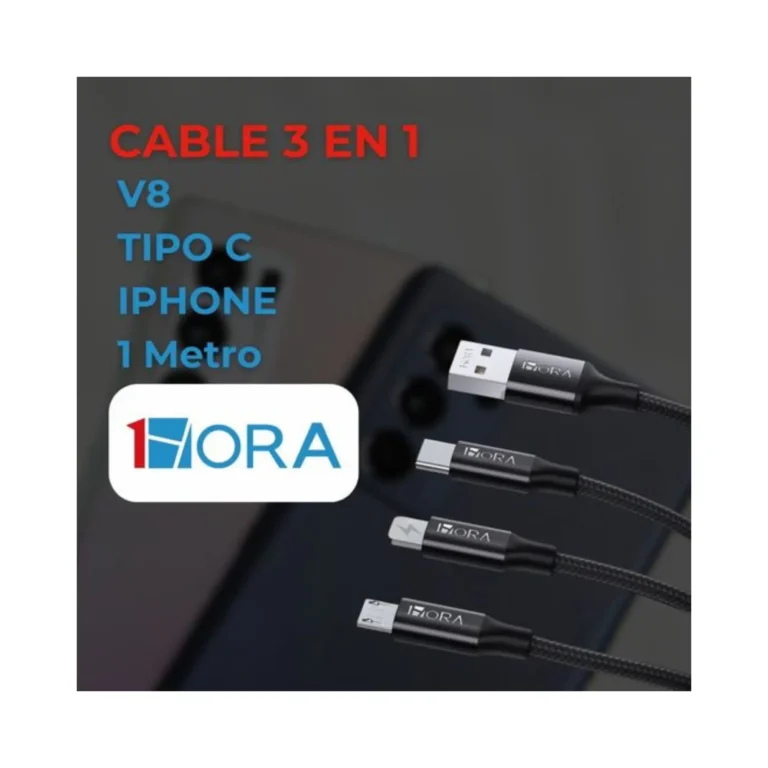 Cable USB 2.0 3 en 1 V8 / Tipo C / Iphone 2.1A Long 1M Negro Mod. CAB259N 1HORA