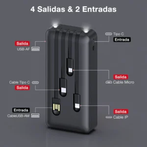 Banco de Carga 10000 Mah Negro Cuatro Cables USB / V8 / Tipo C / Iphone Mod. GAR148 1HORA