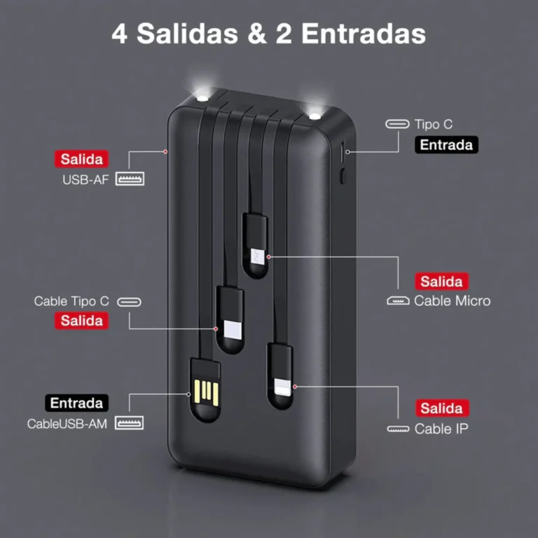 Banco de Carga 10000 Mah Negro Cuatro Cables USB / V8 / Tipo C / Iphone Mod. GAR148 1HORA