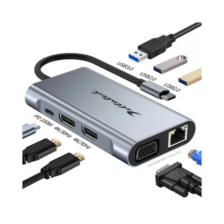 HUB USB Tipo C Mod. 2311 8 Puertos (USB3.0*1+USB2.0*2+PD100W+VGA+RJ45-100M+HDMI*2)