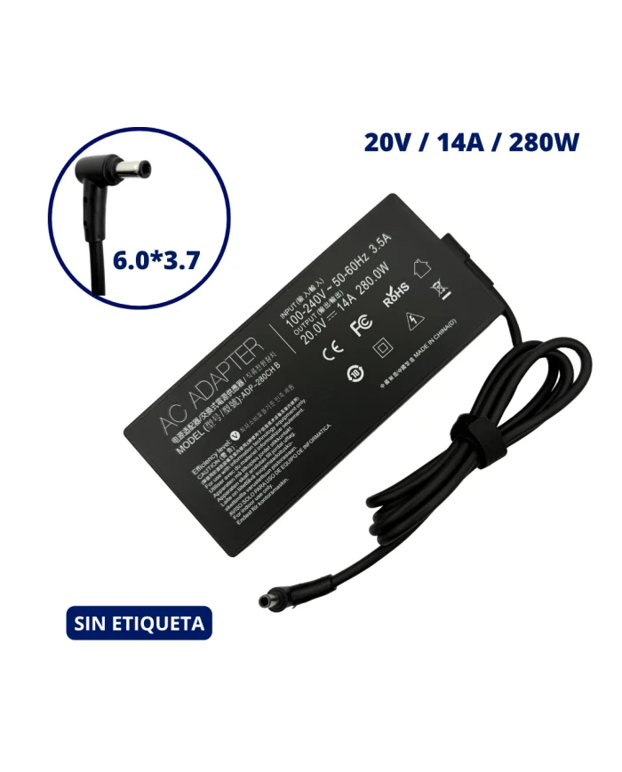 CARGADOR PARA ASUS 20V 14A PLUG 6.0x3.7